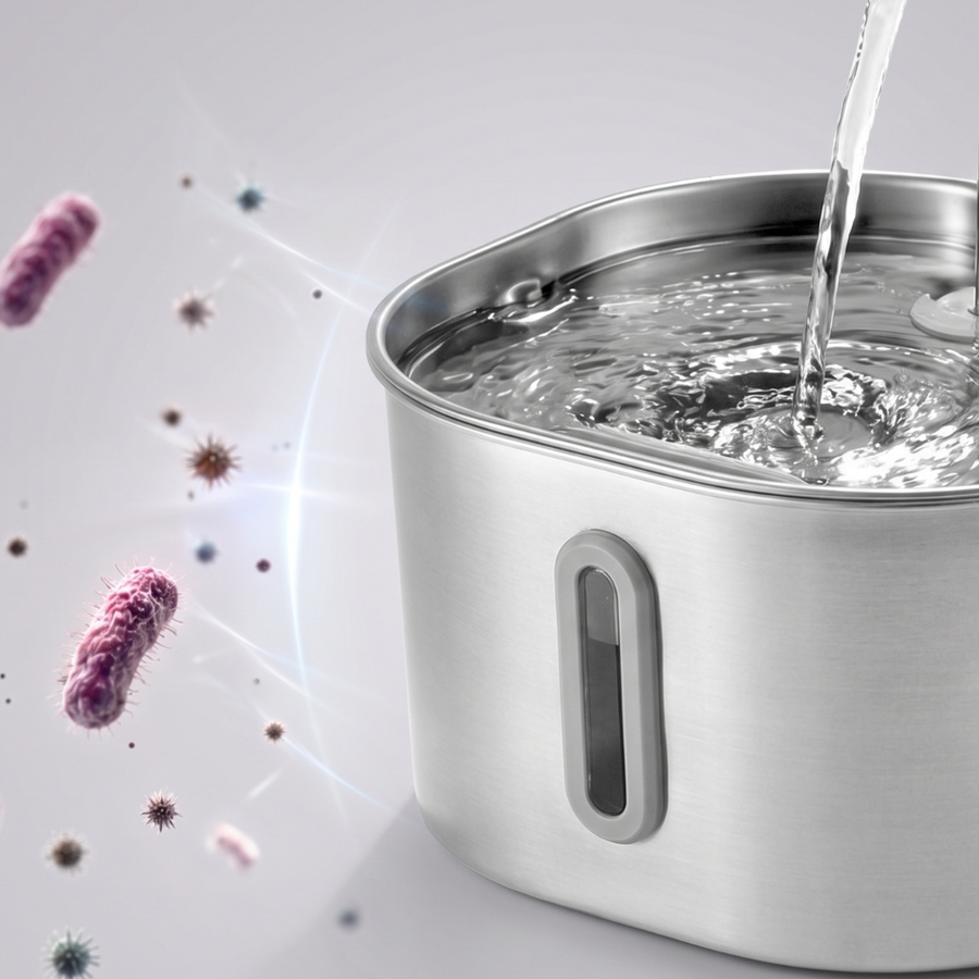 Stainless steel fountain tank with bacteria bouncing off it